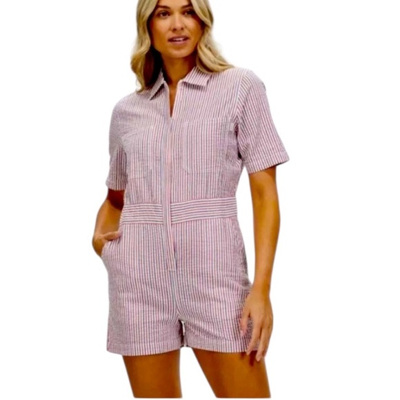 Brixton Pants - Brixton Red White Blue Pinstriped Seersucker Shortsleeved Zip Up Romper XS